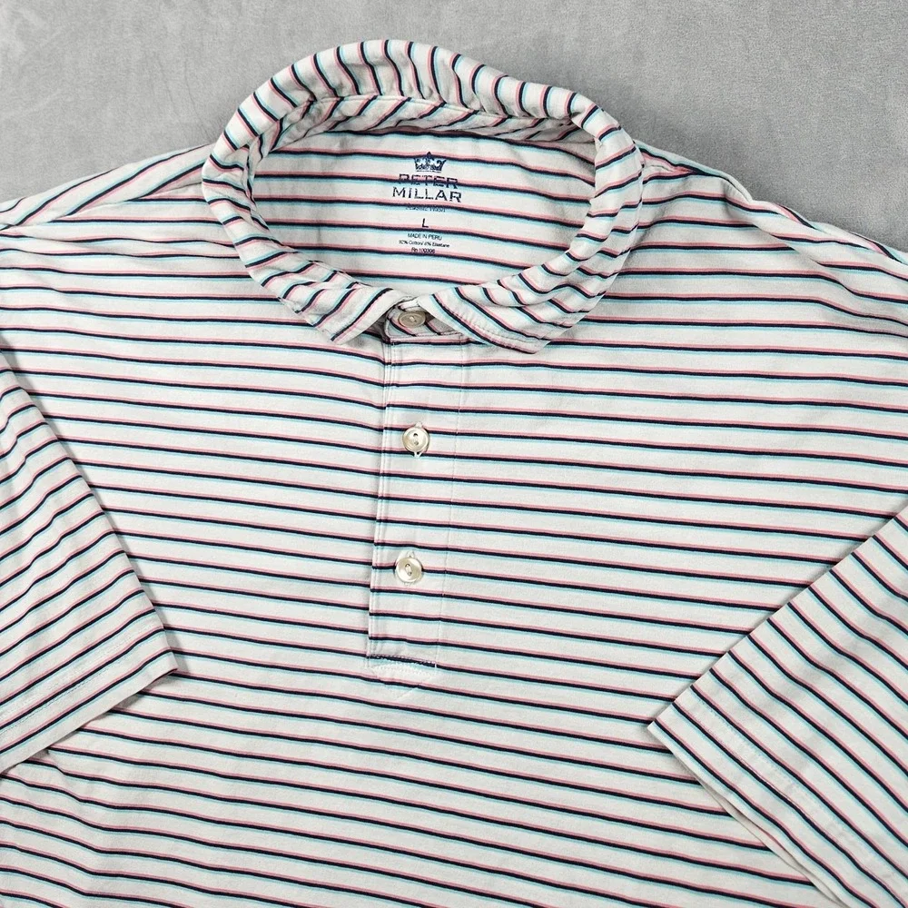 Peter Millar Polo Shirt Mens White Striped Seaside Wash Cotton Stretch Golf - Picture 1 of 12